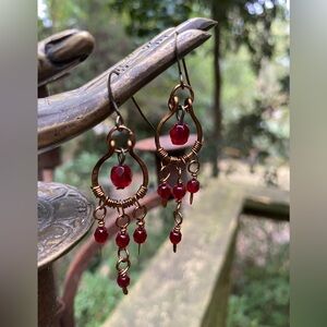 Handmade Bronze and Red Czech Glass Chandelier Earrings